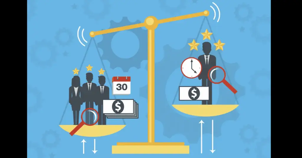 Illustration showing a balance scale comparing multiple vendors and higher costs versus streamlined vendor consolidation with improved efficiency, reduced expenses, and simplified business operations for SMBs.