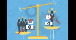Illustration showing a balance scale comparing multiple vendors and higher costs versus streamlined vendor consolidation with improved efficiency, reduced expenses, and simplified business operations for SMBs.